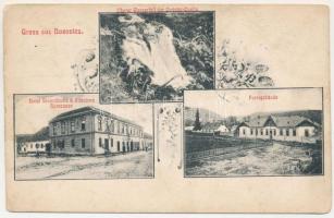 1911 Bozovics, Bozovici; Oberer Wasserfall der Corinini Quelle, Hotel Stanoilovits &amp; Almajana Sparcasse, Forstgebäude / vízesés, szálloda, erdészet. Káden József kiadása / waterfall, hotel, forestry. Art Nouveau, floral (gyűrődések / creases)