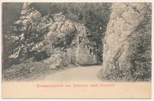Stájerlak, Steierlak, Stájerlakanina, Steierdorf, Anina; Strassenpartie / Bozovicsi út, Coronini-forrás. G. Florianschütz / road, waterfall, spring source