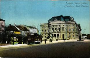 Pozsony, Pressburg, Bratislava; Városi színház, villamos, újságosbódé / Stadt-Theater / theatre, tram, newspaper stall (r)