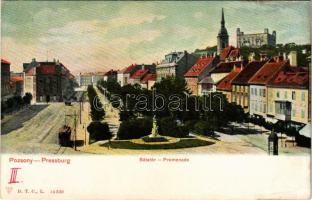 Pozsony, Pressburg, Bratislava; Sétatér, villamos, Hummel szobor, vár / Promenade / street, tram, monument, castle (fl)