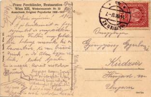 1917 Wien, Vienna, Bécs; Franz Ferchländer Restauration. Winkelmannstr. Nr. 22. Ausschank Original P...