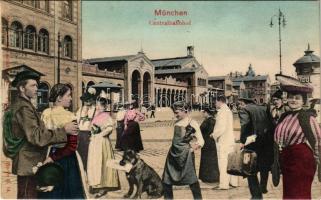 München, Centralbahnhof. A. Dressler &amp; Co. / railway station, montage with people