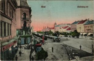 Arad, Andrássy tér, lóvasút, Neumann M., Deutsch Testvérek üzlete, hirdetőoszlopok. Ingusz J. és fia kiadása / square, horse-drawn tram, shops, advertising columns (fl)