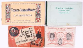 4 db nótafüzet, közte két dedikált: Teghze-Gerber Miklós első nótáskönyve. A szerző, Teghze-Gerber Miklós (1906-1969) által dedikált.; Kondor Ernő: Él még a vén cigány. - - népszerű nótái. özv. Kondor Ernőné (szül. Wald Herta Lujza Margit) által dedikált.; Dankó Gyula: Dalrózsák a magyar lányok nótafájáról.; László Imre nótáskönyve. Változó állapotban.