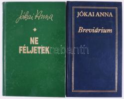 Jókai Anna 2 műve, mind a kettő a szerző, Jókai Anna (1932-2017), a Nemzet Művésze címmel kitüntetett, kétszeres Kossuth-díjas és József Attila-díjas író- és költőnő által DEDIKÁLT példány.   Breviárium. Vál. és szerk.: Tenke Sándor. Bp., 2005, Széphalom Könyvműhely. Első kiadás. 227+3 p. Kiadói aranyozott műbőr-kötés.;  Jókai Anna: Ne féljetek. Bp.,1998,Széphalom, 342+2 p. Kiadói kartonált papírkötés.