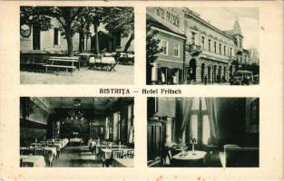 Beszterce, Bistritz, Bistrita; Hotel Fritsch szálloda, étterem és kávéház, autóbusz, belsők / hotel, restaurant and café, autobus, interiors + "1940 Beszterce visszatért" So. Stpl. (EK)