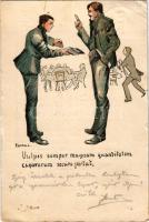 1927 Selmecbánya, Schemnitz, Banská Stiavnica; Vulpes semper magnam quantitatem cigarrarum secum portat. A Selmeci Diákéletből VI. Studentika. Röttig-Romwalter nyomda rt. Sopron / Studentica art postcard s: Bartha L. (lyuk / pinhole)