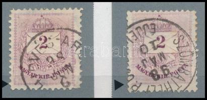 1881 2 db 2kr II. típus, nagyon ritka vésésjavításokkal. Legritkább javított lemez! (ex Orbán, Sebestyén aranyérmes kiállítási anyagból)