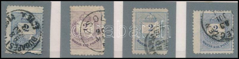 1881 4 db 2kr gyöngyjavítással, karc, extra méretkülönbségek, elfogazások (ex Orbán, Sebestyén aranyérmes kiállítási anyagból)