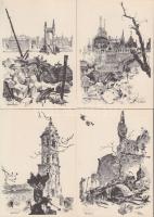 1945 12 darabos képeslapsorozat a II. világháború alatt megsérült Budapestről, eredeti csomagolásába...