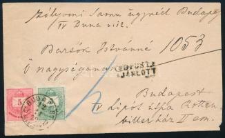 1878 Budapest helyi ajánlott levél 3kr és 5kr bérmentesítéssel, a 3kr jobb oldalon vésésjavítással