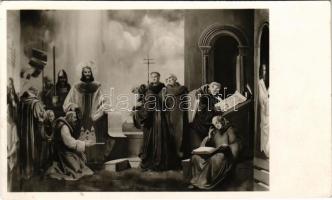 1948 Deáki, Diakovce; Bencés plébániatemplom, Szent István kápolna. Kontuly: Szent István átadja a pannonhalmi alapítólevelet - Halotti beszéd (freskó) / Benedictine parish church, chapel interior (EK)