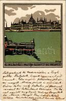 1912 Budapest V. Országgyűlés palotája, Parlament, TISZA gőzös. litho s: Földes (EK)