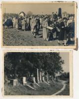 1955 Palánka, Bácspalánka, Backa Palanka - 38 db MODERN fotó képeslap, hátoldalán ragasztónyommal: Holokauszt emlékmű avatása a zsidó temetőben. Judaika / 38 modern photo postcards with glue marks: unveiling ceremony of the Holocaust memorial in the Jewish cemetery. Judaica  Az első zsidók 1771-ben telepedtek le Bácspalánkán. A zsinagóga építése 1807-ben fejeződött be, a mai Žarka Zrenjanina utca 62. szám alatt. Ugyanazon az utcán, a zsinagóga mellett, 1835-ben rituális fürdőt (mikvét), kóser hentesüzletet és zsidó általános iskolát építettek.  A zsinagógát 1956-ban bontották le. A mintegy 500 sírkövet tartalmazó temetőt 2015-ben tisztították meg. Az áldozatok emlékművét 1955. október 20-án avatták fel a zsidó temetőben, az avatási ünnepségről készült fényképek a belgrádi Zsidó Történeti Múzeumban találhatók. A bácspalánkai zsidó közösség és a Nemzeti Felszabadító Harc Harcosainak Egyesülete kezdeményezte az emlékmű felállítását.  //  The first Jews settled in Bačka Palanka in 1771. At that time, the Jews of Bačka Palanka did not have their own religious organizations but were under the jurisdiction of the Jewish community of Neoplanta-Novi Sad. Religious services were carried out in a private home. The Jewish cemetery was founded around 1800. The construction of the synagogue was completed in 1807, at today's address 62 Žarka Zrenjanina Street. On the same street, next to the synagogue, a ritual bath (mikveh), a kosher butchery, and a Jewish elementary school were built in 1835.  The synagogue was demolished in 1956. The cemetery with about 500 gravestones underwent thorough clean-up work in 2015. The memorial to the victims was unveiled in the Jewish Cemetery on October 20, 1955. Photographs from the unveiling ceremony are held in the Jewish Historical Museum in Belgrade. The Jewish community of Bačka Palanka and the Association of Fighters of the National Liberation War initiated the erection of the monument.