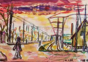 Nolipa István Pál (1907-1986): Csepeli átjáró, 1938. Vegyes technika, papír. Jelezve jobbra lent. Paszpartuban. 13,5x19 cm