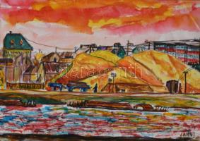 Nolipa István Pál (1907-1986): Dunapart, 1943. Vegyes technika, papír. Jelezve jobbra lent. Paszpartuban. 13,5x19 cm