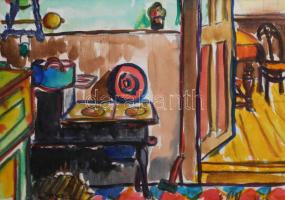 Nolipa István Pál (1907-1986): Konyharészlet, 1938. Akvarell, ceruza, papír. Jelezve jobbra lent. Paszpartuban. 13,5x19 cm