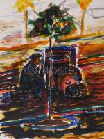 Nolipa István Pál (1907-1986): Aszfaltolvasztó, 1943. Vegyes technika, papír. Jelezve jobbra lent. Paszpartuban. 19x15 cm