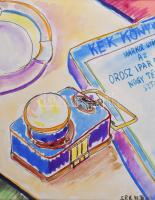 Nolipa István Pál (1907-1986): Kék könyves csendélet, 1942. Vegyes technika, papír. Jelezve jobbra lent. Paszpartuban. 17,5x13,5 cm