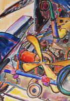 Nolipa István Pál (1907-1986): Színes gép, 1943. Vegyes technika, papír. Jelezve jobbra lent. Paszpartuban. 28x19,5 cm