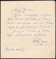1947 Ajtay Andor (1903-1975) Kossuth-díjas színész, rendező autográf levele Bókai Bókay János (1892-1961) író, műfordító részére, "Kedves Jankom!" megszólítással, 1 beírt oldal.
