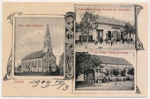 1909 Csene, Tschene, Cenej, Cenei; Római katolikus templom, Popovchich Sándor Ferenc vaskereskedés üzlete, Dr. Gruber Gyula körorvos háza. Szecessziós keret / church, shop, doctor's house. Art Nouveau frame (EK)