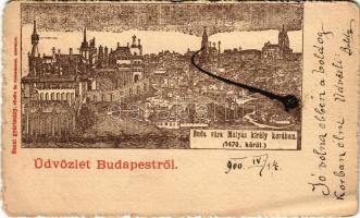 1900 Budapest I. Buda vára Mátyás király korában (1470 körül). Gróf Nyáry Istvánnak címezve. Török és Kremszner kiadása (EB)
