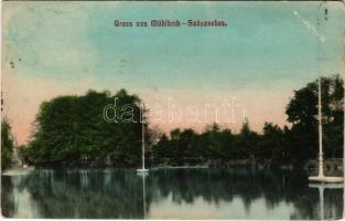 1912 Szászsebes, Mühlbach, Sebesul Sasesc, Sebes; Stadtpark / Városliget. Johann Rilki kiadása / park + "VÖRÖSTORONY - ALVINCZ 370" vasúti mozgóposta bélyegző (felületi sérülés / surface damage)