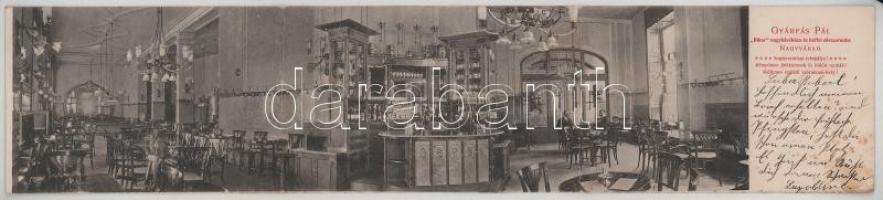 1905 Nagyvárad, Oradea; Gyárfás Pál "Bihar" nagy kávéház és buffet sörcsarnoka, belső. 3-részes kinyitható panorámalap / cafe and beer hall interior. 3-tiled folding panoramacard (fl)