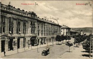 1911 Kolozsvár, Cluj; Ferenc József út, Első Magyar Általános Biztosító Társaság, Baktay I., Fesztinger Dávid, Tordai Viktor üzlete, fogyasztási szövetkezet. Schuster Emil kiadás / street view, savings bank, shops (apró szakadás / tiny tear)