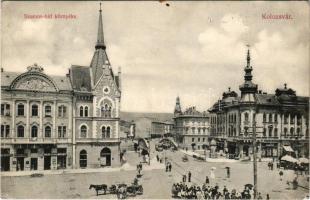 1907 Kolozsvár, Cluj; Szamos híd, bor, sör és pálinka nagy raktár, gyógyszertár, étterem, Wertheimer Vilmos üzlete. Schuster Emil kiadása / bridge, street, pharmacy, restaurant, shops (kis szakadás / small tear)