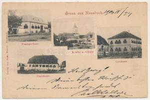 1901 Szászmagyarós, Nussbach, Maierus; Predigerhaus, Kirche und Schule, Gasthaus, Pfarrhaus. Verlag von Anna Maurer / prédikátorház, templom, iskola, vendégház, szálloda, plébánia / preacher's house, church, school, hotel, pension, parish (vágott / cut)