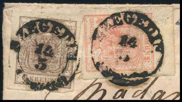 1854 3kr HP III 6 mm alsó ívszéllel, 2 föggőleges oldalon tépve, nem vágva + 6kr HP III távolsági le...
