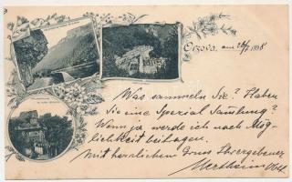1898 Orsova, Kazán-szoros, Széchenyi út és Traján emléktábla, Herkulesfürdő / Széchenyi strasse, Herkulesbad, Trajansthurm / gorge, monuments. Art Nouveau, floral (vágott / cut)
