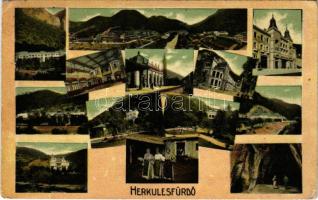 1912 Herkulesfürdő, Baile Herculane; mozaiklap, rajta vasútállomás, fürdő, villa, stb. / multi-view postcard with railway station, spa, villa, etc. Art Nouveau (EK)