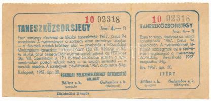 1957. "Iskolai Felszereléseket Értékesítő Vállalat - Taneszközsorsjegy" sorsjegye 4Ft-ról ...