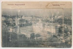 Nagyenyed, Aiud; leporellólap 10 képpel, közte Bánffy kastély (Marosszentkirály) és kórház. Földes Ede kiadása / leporellocard with 10 pictures, including castle in Sancraiu de Mures and hospital (Rb)