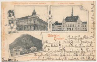 1900 Déva, Előlegezési szövetkezet palotája, Megyeháza, várrom, városi kisdedóvó, Szőcs F. Lajos, Hirsch Testvérek, Hirsch Adolf üzlete. Weisz Károly fényképész kiadása / bank, county hall, castle ruins, nursery, shops. Art Nouveau, floral (fl)
