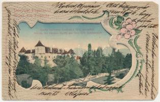 1903 Fogaras, Fagaras; Apaffy (Apafi) fejedelem kastélya a XIV. századból. Thierfeld Dávid kiadása / Schloss des Fürsten Apaffy aus dem XIV. Jahrhundert / castle from the 14th century. Floral (EM)