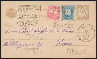 1883 Expressz 2kr díjjegyes levelezőlap Színesszámú 5kr + 10kr díjkiegészítéssel "SOPRON" - "WIEN" sima expressz lapok igen ritkák! Luxus darab! RRRR!