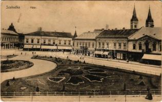 1918 Szabadka, Subotica; Fő tér, Kramer Béla, Tumbász Ferenc, Wiener Dávid üzlete, gyógyszertár. Vig Zsigm. Sándor kiadása / main square, shops, pharmacy (EK)