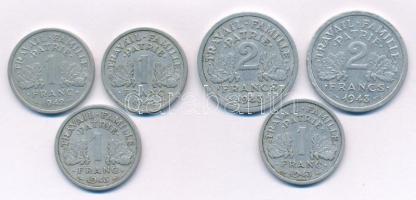 Franciaország / Vichy-kormány 1942-1943. 1Fr Al (4db) + 1943. 2Fr Al (2x) T:XF,VF France / Vichy French State 1942-1943. 1 Franc Al (4pcs) + 1943. 2 Francs Al (2x) C:XF,VF