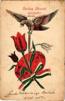 1906 Boldog húsvéti ünnepeket! Hazafias propaganda magyar szalaggal, tulipánnal és turullal / Easter greeting art postcard, Hungarian patriotic propaganda with ribbon, tulip and turul (fl)