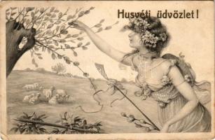 1919 Húsvéti üdvözlet / Easter greeting art postcard with lady and flock of sheep s: R. Kratky (EK)