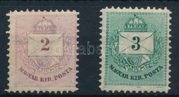 1881 2kr falcos és 3kr postatiszta, mindkettő II. típus, 11 1/2 fogazással