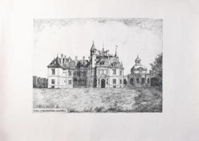 Regős István (1954): Tura, Schossberger kastély. Rézkarc, papír, jelzett a karcon 29×39 cm Feltekerv...