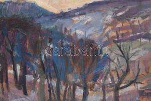 Farkas Lajos (1919-1998): Hegyoldal. Olaj, farost. Jelzett. Hátoldalán Képcsarnok Vállalat címkéjéve...