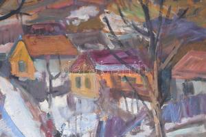 Farkas Lajos (1919-1998): Hegyoldal. Olaj, farost. Jelzett. Hátoldalán Képcsarnok Vállalat címkéjéve...