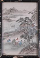 Kínai textilfestmény, üvegezett keretben, 24x17 cm