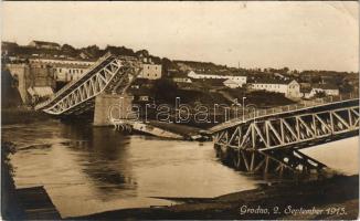 Hrodna, Grodno; WWI German military, blown-up bridge 2. September 1915. Phot. und Verlag Hugo Herold...